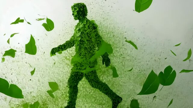 A man is made of leaves and branches walking forward. ESG Environmental, social, and governance, carbon reduction decarbonization net zero and climate change
