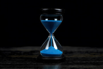 Blue Sand Hourglass on Black Surface
