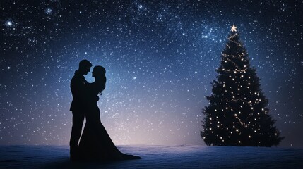 Obraz premium Silhouetted Couple's Winter Embrace - A silhouetted bride and groom embrace under a starry winter night sky, near a decorated Christmas tree. Symbolizing love, commitment, hope, joy, and new beginnin
