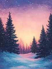 Fototapeta premium Serene Winter Sunset - Snowy forest path, pastel sunset, tranquil scene, winter wonderland, peaceful nature.