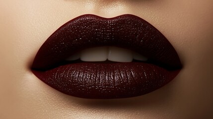 Fototapeta premium Slightly parted lips in a bold crimson shade, glossy and luminous under diffused ambient lighting, sharp focus on natural folds and creases, with a blurred creamy beige background,
