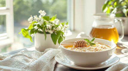 Bright and Cozy Breakfast Setup with Bowl of Creamy Oatmeal and Honey in Natural Light by a Window, Business Breakfast