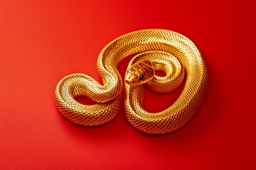 Fototapeta premium Golden snake coiling on red background animal photography artistic display studio environment close-up view serpentine beauty
