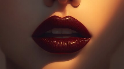 Slightly parted lips with a velvety matte finish in a dark berry tone, illuminated by gentle warm light, ultra-realistic textures in sharp detail, with a blurred muted beige background,