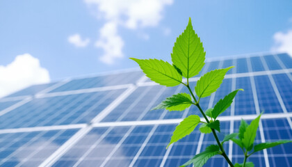 Fototapeta premium Green plant on solar panel backrgound, eco energy concept
