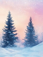 Fototapeta premium Winter Wonderland Pines - Serene winter scene, snowy pines, pastel sunset, falling snow, tranquil nature. Symbolizing peace, serenity, beauty, magic, winter.