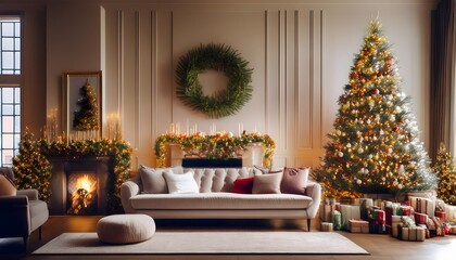 Festive Christmas Living Room Interior Design with Decorated Tree