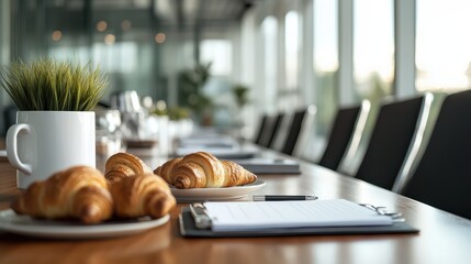 Elegant Minimalist Breakfast Setup for Business Meeting with Fresh Croissants and Coffee Mug on Wooden Table, Business Breakfast