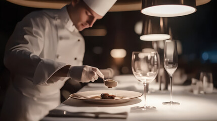 Focused chef plating elegant dish concentrated culinary art