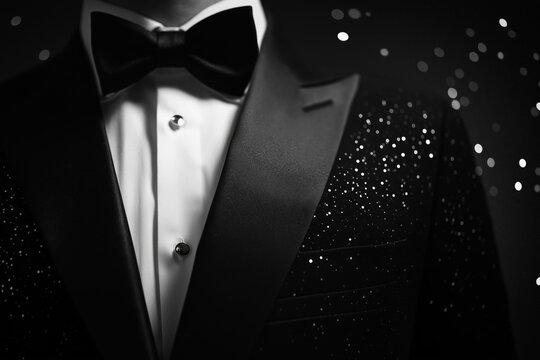 Close-up of a glamorous tuxedo with a sparkling design and satin bow tie, perfect for elegant party outfit themes, formal events, luxury style, evening dress codes, and fashion-forward celebrations

