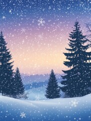 Obraz premium Winter Wonderland Landscape - Serene winter scene, snow falling, trees, mountains, peaceful atmosphere, soft light.
