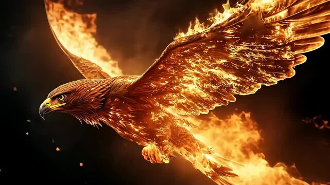 A large, fiery eagle phoenix is soaring through the sky, surrounded by a cloud of sparks. Concept of power and freedom, as the eagle takes flight in the midst of the fiery blaze