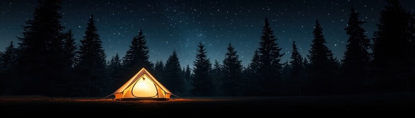 A cozy tent glows warmly against a dark forest backdrop, illuminated by a starry night sky.