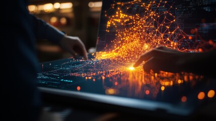 Innovative Minds Explore Complex Data Connections Through Luminous Network Mapping in a Futuristic Workspace at Dusk