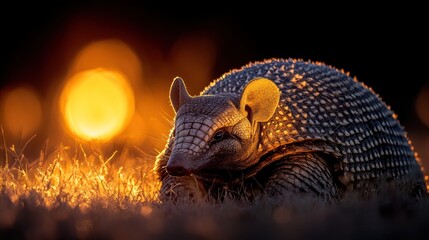 A close-up of an armadillo against a sunset backdrop, highlighting its textured shell.
