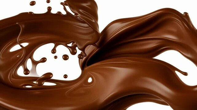 3D animation of Chocolate flow slow motion on white background with alpha mate