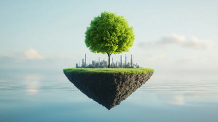Floating island with a tree above water symbolizes balance.