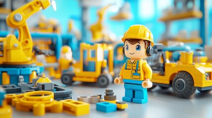 Fototapeta premium Little builder in toy factory scene