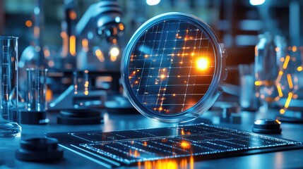 A magnified solar-powered microchip with glowing circuits and integrated solar panels, set against a high-tech lab backdrop