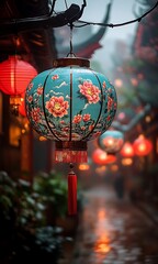 A Blue Lantern with a Flower Design.

