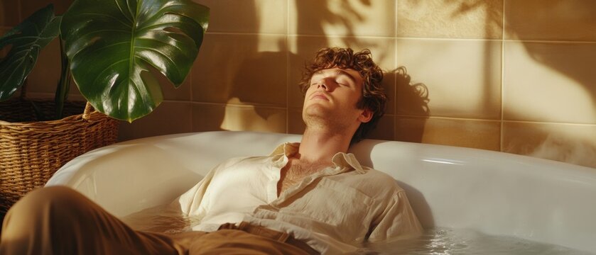 Man relaxing in a bathtub with sunlight and plants