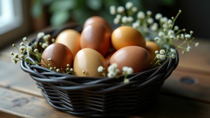 Easter Basket with Earth-Tone Wooden Eggs and BabyТs Breath Flowers