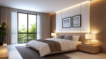 Modern and Minimalist Bedroom Design with Warm Lighting and Nature Views through Large Windows