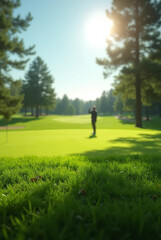 Golfer's Lower Body and Club on Vibrant Green Field with Soft-Focused Player Behind