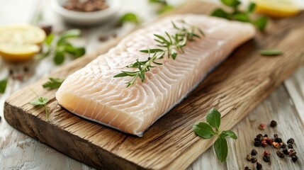 a piece of fish on a cutting board with herbs