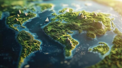 a small model of the world with a boat in the middle