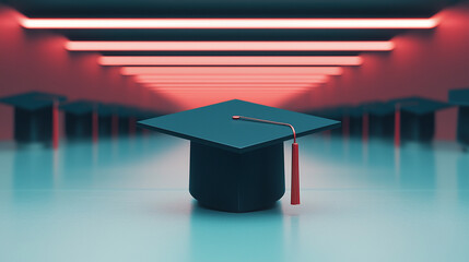 Graduation cap in futuristic setting with neon lights.