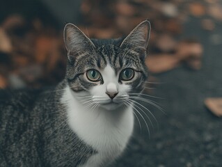 Obraz premium A close-up of a curious tabby cat with striking green eyes.