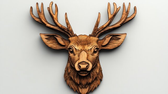 Intricate wooden deer head wall art, laser-cut design.