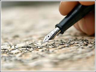Naklejka premium A close-up of a fountain pen writing on textured paper.