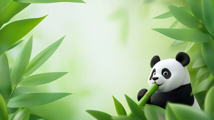 Illustration of a panda eating bamboo in a lush, green forest.