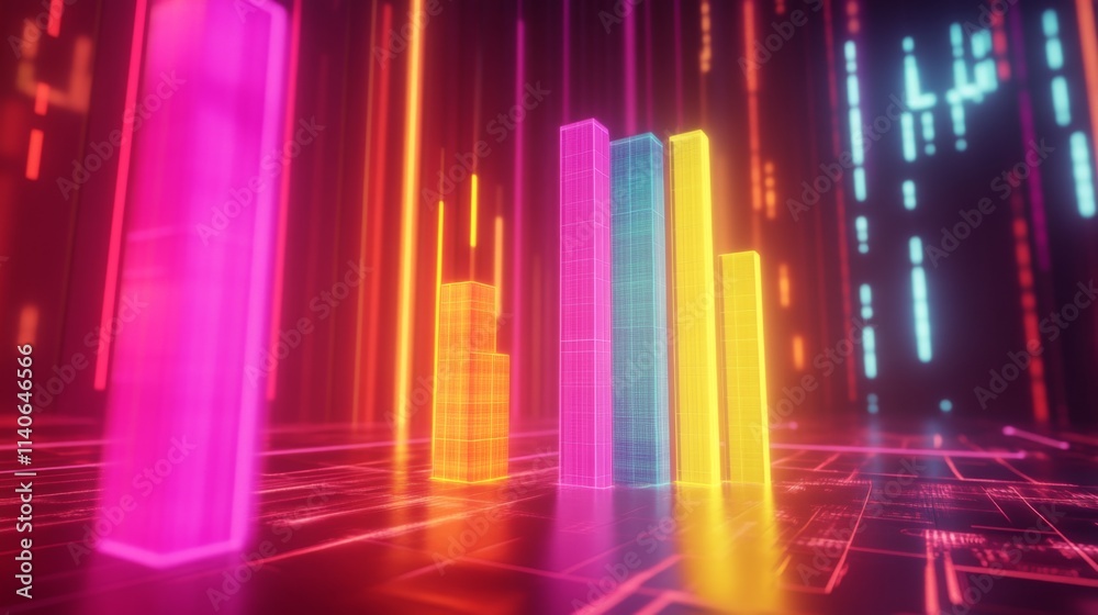Poster abstract digital data visualization with neon bars and lines