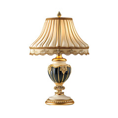 Elegant vintage table lamp with a gold-trimmed pleated shade and ornate black-and-gold base....