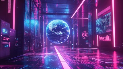 A futuristic trade concept with a digital hologram of Earth, interactive network lines, cyber-inspired, rich neon hues, clean and modern 