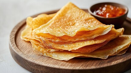 Thin pancakes stacked on wooden plate with apricot jam