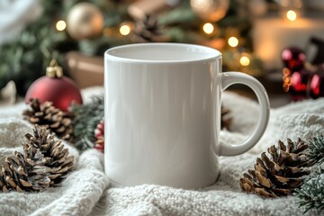 White mug standing on knitted plaid with christmas decoration on blurred background