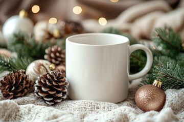 White mug standing on knitted plaid among christmas decorations and pine branches