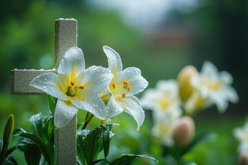 White lilies blooming near stone cross in garden after rain © kardaska