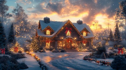 A cozy holiday home illuminated by sparkling fairy lights and glowing garlands, red bows adorning the festive decor, a tranquil evening sky enhancing the warmth, intricate photorealistic textures,