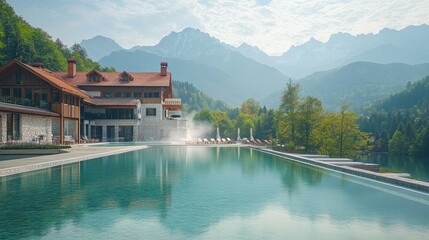 Luxury hotel with infinity pool overlooking picturesque mountain landscape