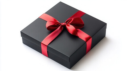 Obraz premium A sleek matte black gift box with a fiery red satin ribbon tied in a luxurious oversized bow, isolated cleanly on a white background, crisp details of ribbon folds and subtle textures of the box empha
