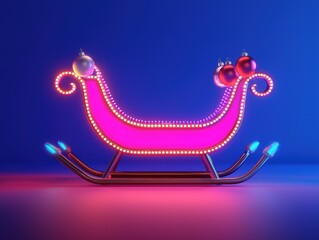 A vibrant, illuminated sleigh decorated with ornaments, set against a blue background, evoking a festive, holiday spirit.