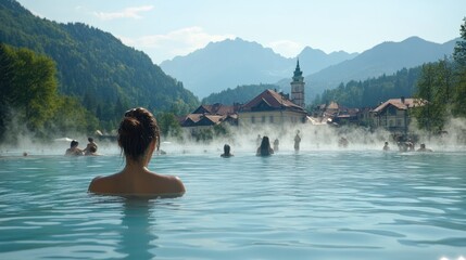 Tourist enjoying summer vacation bathing in hot springs in bohinj lake, slovenia