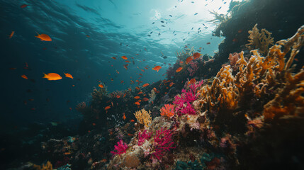 Vibrant underwater coral reef scene, teeming with life and showcasing beauty of ocean. sense of serenity and wonder permeates image