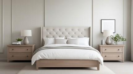 Modern bedroom design with beige tufted headboard, minimal decor, and warm wood elements in natural light