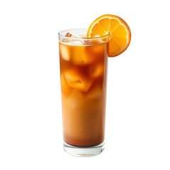 Refreshing iced tea with orange slice garnish.